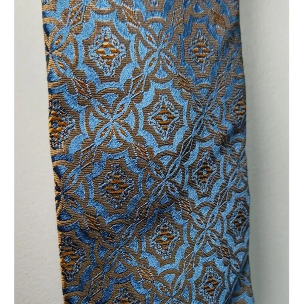 Nino Orsini Designer Silk Tie Blue Gold Plaid Geometric Vintage 50s Mid Century